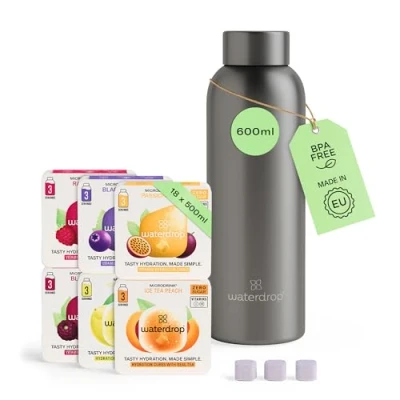 Image of waterdrop® Starter Set Steel with 1x Stainless Water Bottle + 18 Microdrinks Vitamin Hydration Cubes in 6 flavours Taster Pack 600ml Double Insulated Sugar Free Drinks