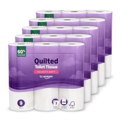 Image of by Amazon Toilet Roll, 3 ply Quilted, Velvety Soft, 45 Rolls (5 Packs of 9), 200 Sheets per FSC Certified