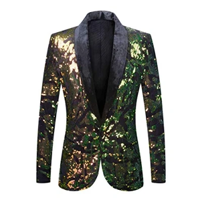 Image of PYJTRL Men Fashion Velvet Sequins Floral Pattern Suit Jacket Blazer (Velvet Green, XL)