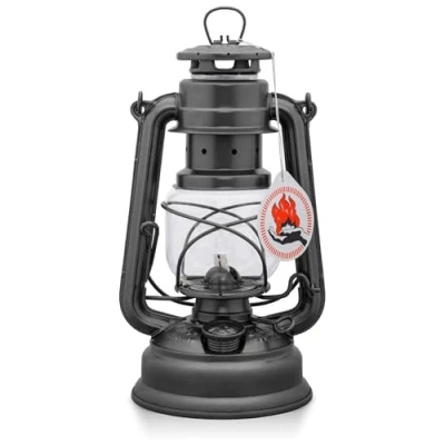 Image of Feuerhand 276 Outdoor Hurricane Oil Lantern German Made Since 1893, Paraffin Lamp with Galvanized Steel, Rust Resistant Kerosene, 300ml Tank, 20 Hour Burn, Safe Hanging or Table Use, Sparkling Iron