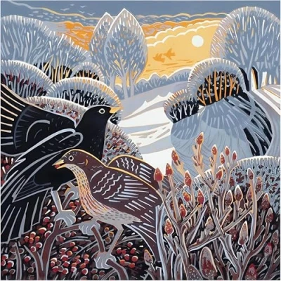 Image of Charity Christmas Cards Sold in Aid of Macmillan Cancer Support Pack 8 Wildlife Design Winter Glow Blackbirds and Berries Made the UK Eco Friendly