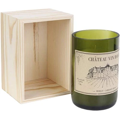 Image of Home Deco Factory BO5392 Scented Candle Wine Bottle Château Rouge ou Domaine Rosé Southern Sandalwood Scent Jar Glass Box Wooden Green and Beige H13.6 x 8.2 9.2 cm