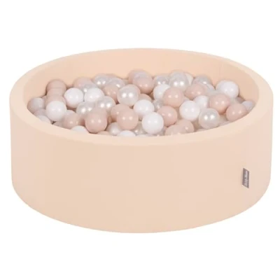 Image of KiddyMoon Soft Ball Pit Round 90X30cm/300 Balls ∅ 7Cm/2.75In For Kids, Foam Pool Baby Playballs, Beige: Pastel Beige/White/Pearl