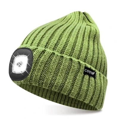 Image of COTOP LED Beanie with Light,USB Rechargeable Hat Hands Free 4 Headlamp Cap Winter Knitted Night Lighted Flashlight Women Men Gifts for Dad Him Husband (Green)