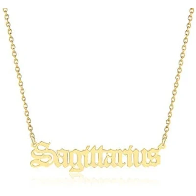 Image of Minegreet Old English Zodiac Necklace for Women, Horoscope Birth Star Sign Letter Astrology Constellation Birthday Gift (Sagittarius Gold)
