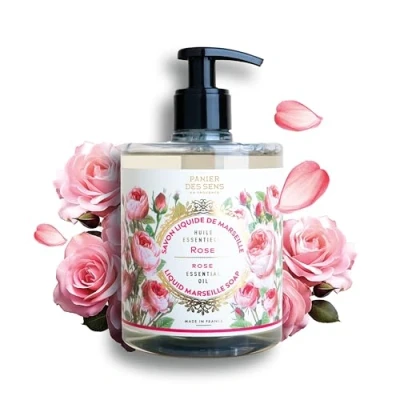 Image of Panier des Sens Liquid Hand Soap Rose Essential Soothing Wash Coconut Oil Savon de Marseille Made in France Organic 97% Natural Ingredients Vegan 500ml