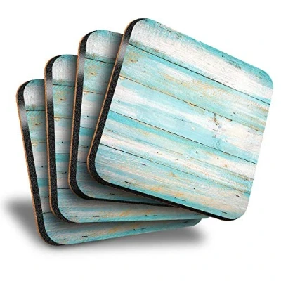Image of Destination Vinyl ltd Great Coasters (Set of 4) Square Blue Distressed Wood Seaside Surf Drink Glossy Coasters/Tabletop Protection for Any Table Type #15868