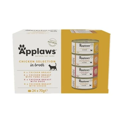 Image of Applaws 100% Natural Wet Cat Food, Multipack Chicken Selection in Broth 70g Tin (24 x Tins)