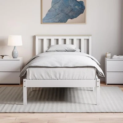 Image of Vida Designs Milan Single Bed, 3ft, Bed Frame, Solid Pine Wood, Headboard, Low Foot End, Bedroom Furniture, White &amp;