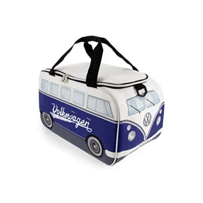 Image of BRISA VW Collection Volkswagen Insulated Cool Warm Thermo Picnic Lunch Bag Box for Food in T1 Bus Design (White &amp; Blue/25 Liters/6.6 Gallons)