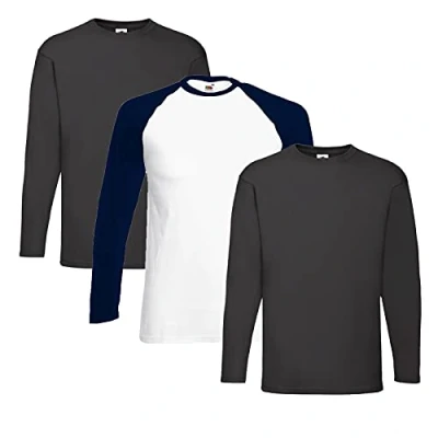 Image of Fruit of the Loom Men&#039;s Long Sleeved Valueweight Tee Sports Top, 2 Schwarz + 1 Base Whitenavy Hlkauf Notizpad, XXL