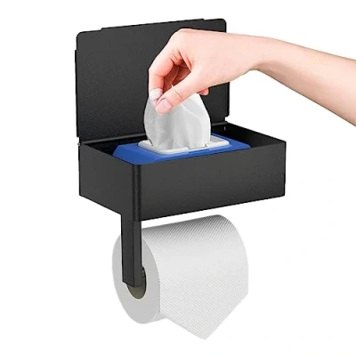 Image of Toilet Roll Holder With Shelf, GUIGUZI 2 in 1 Storage Box, Black Stainless Steel Paper Wall Mounted/Self Adhesive for Bathroom Washroom Kitchen (Large)