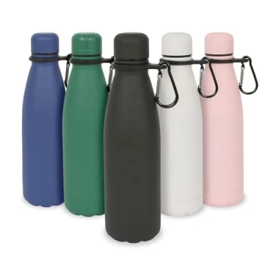 Image of Matt Black Stainless Steel Water Bottle with Carabiner Clip 500ml