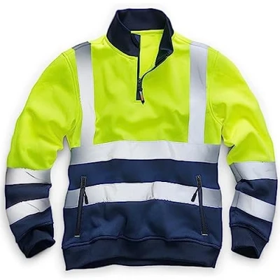 Image of Mens Hi Vis Zip Neck Workwear Sweatshirt Reflective Safety Pullover Jumper Yellow/Navy