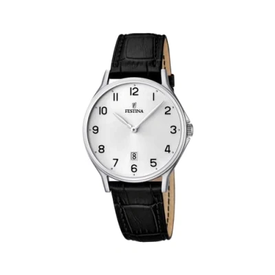 Image of Festina Men&#039;s Quartz Watch with White Dial Analogue Display and Black Leather Strap F16745/1
