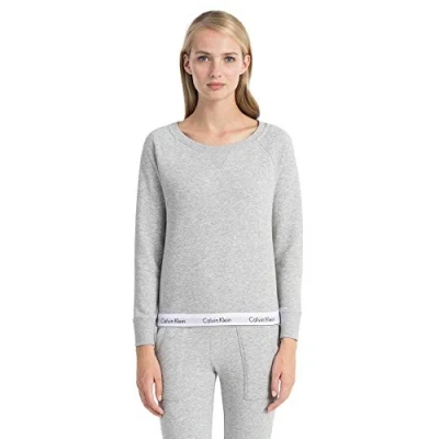 Image of Calvin Klein Crewneck Sweatshirt Women Modern Cotton Line Grey Heather S CK Women&#039;s Loungewear Signature Elasticated Hem Cotton, Polyester