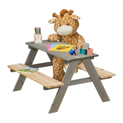 Image of Relaxdays Children&#039;s Picnic Table, Garden Bench, HWD: 51 x 90 78 cm, Seating for 4 Kids, Wood, Grey/Natural