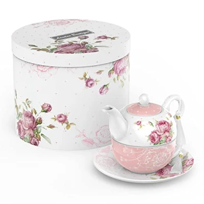 Image of London Boutique Tea for One Teapot Teacup Saucer Set Afternoon 1 New Bone China Vintage Flora Gift Women 350ml (Pink)