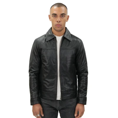 Image of Men&#039;s Smart Black Real Soft Genuine Leather Classic Collar Harrington Jacket 4XL