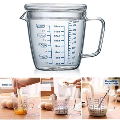 Image of Glass Measuring Cup,500ml Heat Resistant High Borosilicate Transparent Jug with Lid and Scale Ounce Measure Mug for Microwave,Tea,Cafe,Whiskey,Milk (500ml)