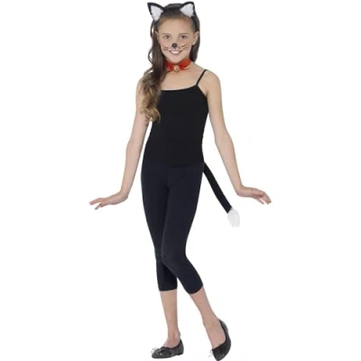 Image of Smiffys Cat Kit, Black with Ears, Collar &amp; Tail, Children&#039;s Animal Fancy Dress, Dress Up Accessories