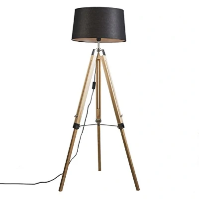 Image of Qazqa Natural Floor lamp with Black Linen Shade 45 cm Tripod Industrial Suitable for LED E27 1 Light Wood Living Room I Bedroom