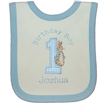 Image of Boy?s Peter The Rabbit Personalised 1st Birthday Bib (Cake Smash). (White with Blue Trim)