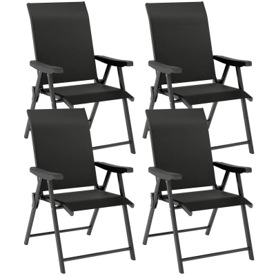 Image of Outsunny Set of 4 Folding Chair, Garden Chair with Breathable Mesh Back and Seat, Outdoor Camping Chairs Armrests, Steel Frame for Deck Balcony, Black