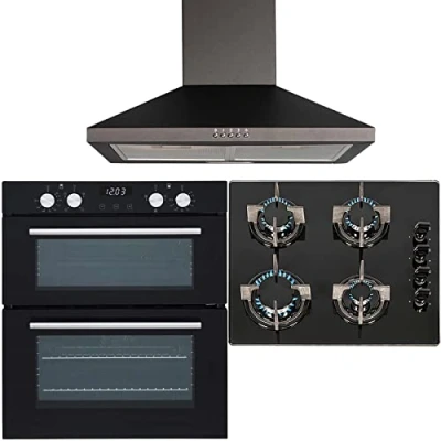 Image of SIA 60cm Black Double True Fan Oven, 4 Burner Gas On Glass Hob &amp; Cooker Hood