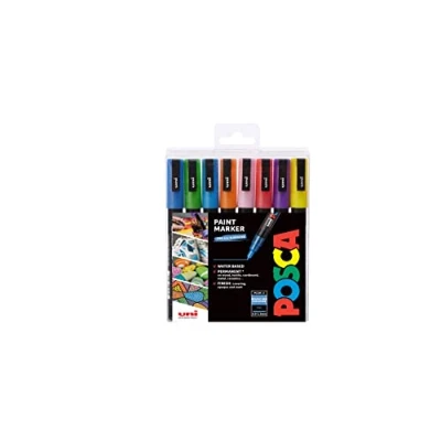 Image of POSCA PC 3M Permanent Marker Paint Pens. Fine Tip for Art &amp; Crafts. Multi Surface Use On Wood Metal Paper Canvas Cardboard Glass Fabric Ceramic Rock Pebble Stone Porcelain. Set of 8 Sparkling Colours