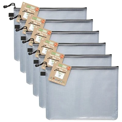 Image of eco A4+ 95% Recycled Super Strong Bag, Waterproof Mesh Tuff Reinforced, Black Zip Closure (Pack of 6)