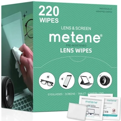Image of Metene 220 Pack Lens Cleaning Wipes, Pre Moistened and Individually Wrapped Eyeglass Glasses Cleaner for Eyeglasses, Camera Lens, Tablets, Phone, Computer Screen Other Delicate Surfaces