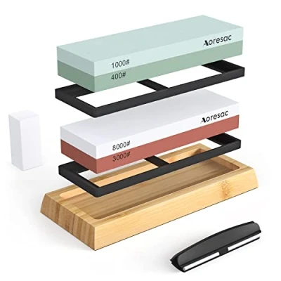 Image of Aoresac Knife Sharpener Set 400/1000, 3000/8000 Double Sided Whetstones with Bamboo Non Slip Base Fixed Whetstone