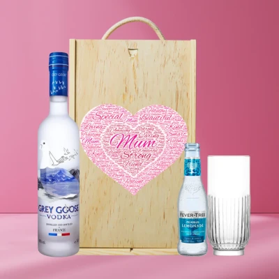 Image of Mother&#039;s Day Grey Goose Vodka Set with Fever Tree Lemonade &amp; Glass in Double Wooden Box (70cl) Mothers Day, Hamper, Mum, Hampers Gourmet Gifts, Birthday