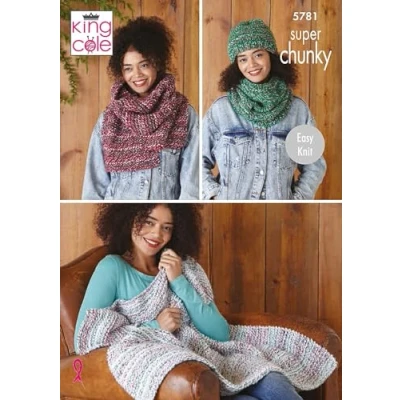 Image of King Cole Super Chunky Knitting Pattern Easy Knit Throw Scarf Snood &amp; Hat (5781)