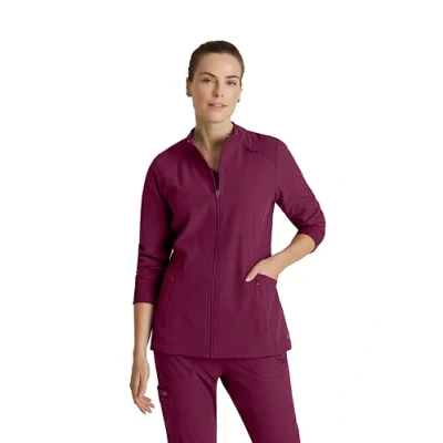 Image of BARCO One Venture Scrub Jacket for Women Zip Front Closure, 4 Pockets, Way Stretch Women&#039;s Medical Warm Up Jacket, Wine, S