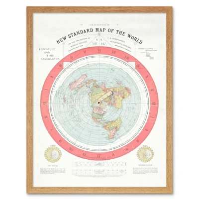 Image of Artery8 Map Gleason 1892 World Time Calculator Flat Earth Art Print Framed Poster Wall Decor 12x16 inch
