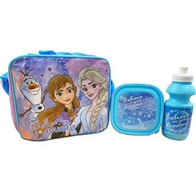 Image of TDL Frozen Kids Insulated 3 Piece Lunch Bag School Sandwich Box &amp; Bottle Set, Blue