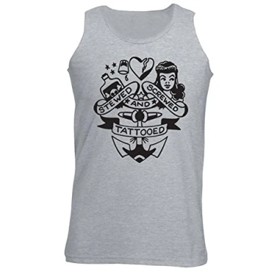 Image of Mens Stewed Screwed and Tattooed Traditional Tattoo Vest Tank Top Heather Grey (L)