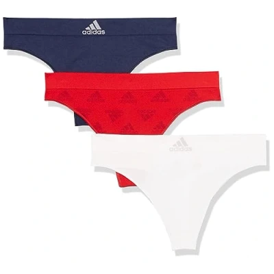 Image of adidas Women&#039;s Seamless Thong Underwear 3 Pack Panties, Vivid Red W. Logo Jacq/White/Night Indigo, S