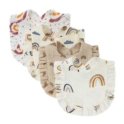 Image of 4 PACK Solid Muslin Baby Drool Bibs Set for Unisex Boys Girls Cotton Adjustable Teething Feeding Drooling (Rainbow Set)