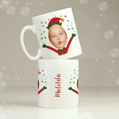Image of Custom Personalised Photo Upload Christmas Elf Mug. Secret Santa, Stocking Filler