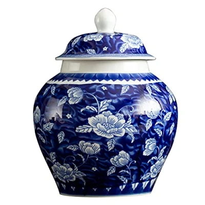 Image of fanquare Jingdezhen Blue and White Ginger Jar Vase, Handmade Lucky Lotus Ceramic Flower Height 23cm