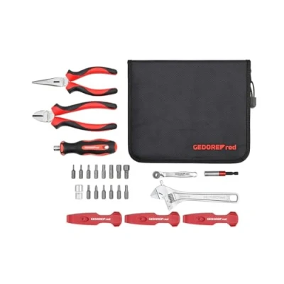 Image of GEDORE red Professional Bicycle Tool kit for Workshop, 25 Pieces, Adjustable Spanner, Bit Screwdriver 1/4″, Universal Repair with Bike Bag