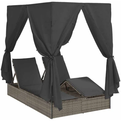 Image of vidaXL Double Sun Lounger with Roof and Curtains Grey Poly Rattan