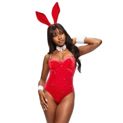 Image of Ann Summers Tuxedo Bunny Outfit, Velvet Halloween Costume, Rabbit Outfit with Ears &amp; Fluffy Tail Red
