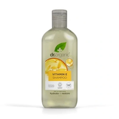 Image of Dr Organic Vitamin E Shampoo, Hydrating, Dry &amp; Fine Hair, Natural, Vegan, Cruelty Free, Paraben SLS Recyclable Recycled Ocean Bound Plastic, Certified Organic, 265ml, Packaging may vary