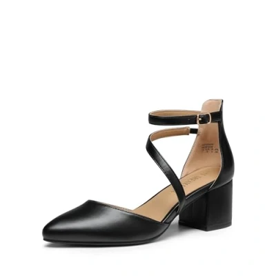 Image of DREAM PAIRS Women&#039;s Closed Pointed Toe Low Chunky Heels Pumps Ankle Strap Wedding Business Dressy Shoes SDPU2354W,Size 7,Black PU,SDPU2354W