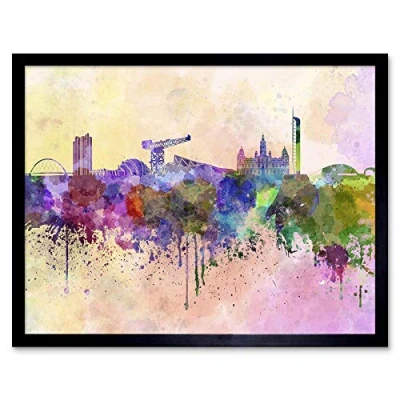Image of Wee Blue Coo Painting Illustration Cityscape Paint Splash Skyline Glasgow Art Print Framed Poster Wall Decor 12X16 Inch
