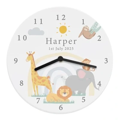Image of CalEli Gifts Personalised Safari Animals Wooden Nursery Clock